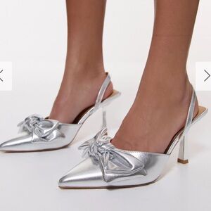 Metallic Faux Leather Extreme Bow Slingback Court Heel